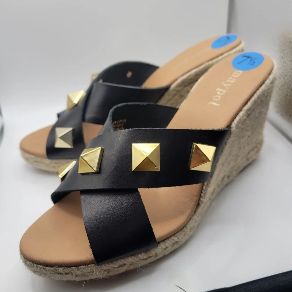 Maypol Anthropologie Black Leather Wedge Espadrille Sandals 7.5 NEW